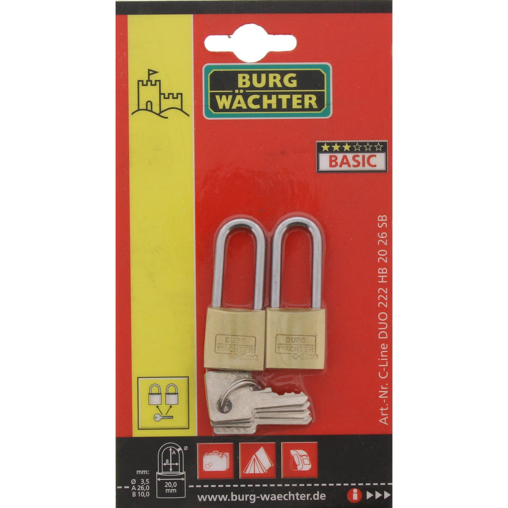 Burg Wächter Vorhängeschloss, 2er-Set, 3,5 mm Bügelstärke, 4 Schlüssel, Duo 222 20 26 SB, Bügelstärke: 3,5 mm / Höhe : 39,5 mm