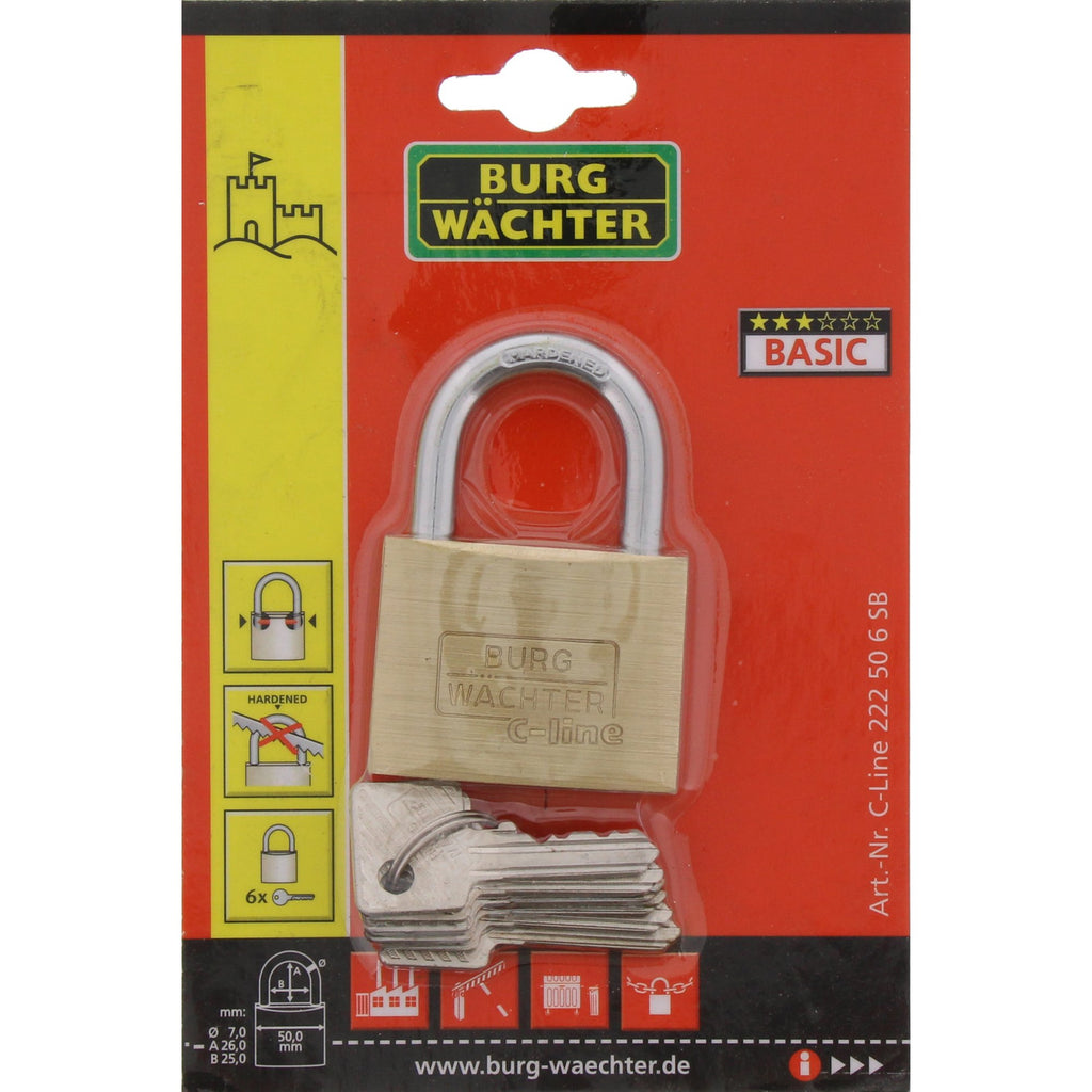 Burg-Wächter C-Line 222 50 6 SB Vorhängeschloss, Messing, 7 mm Bügelstärke