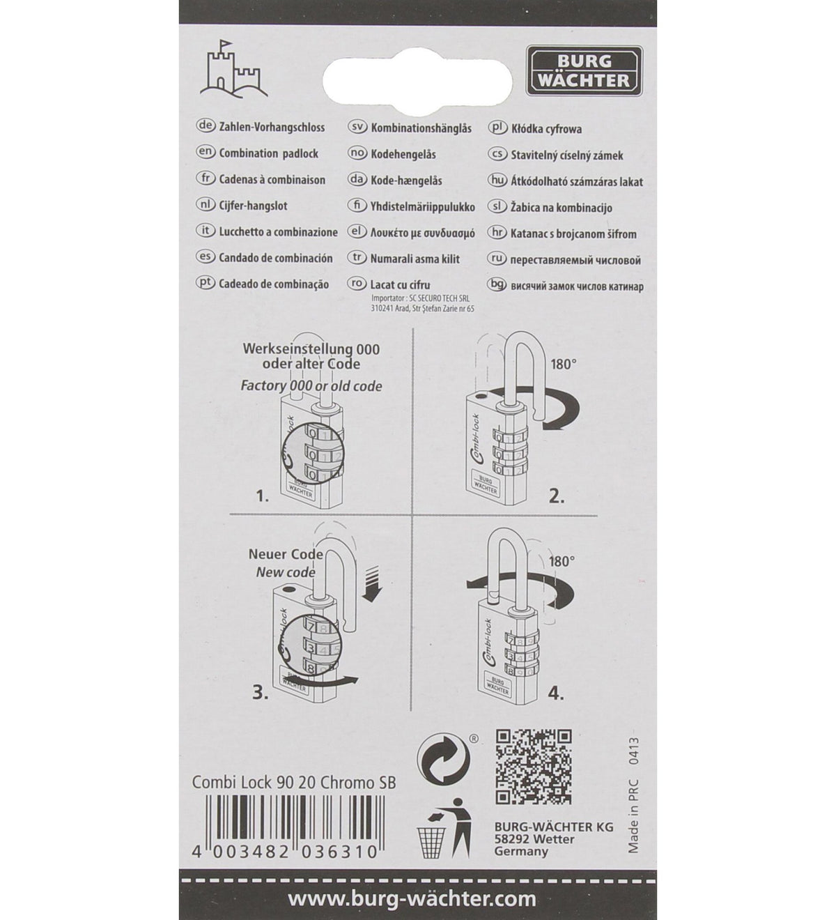 Burg Wächter Verstellbares Zahlenschloss, Combi Lock 90 20 Chromo SB, Bügelstärke: 3,2 mm, Combi 90 20 CHROMO SB, Silber