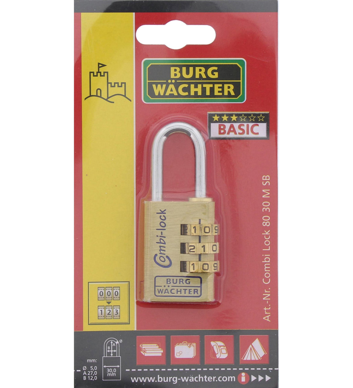 Burg-Wächter 80 30 M verstellbar mit 3 Rollen Zahlen-Vorhangschloss, 5 mm Bügelstärke