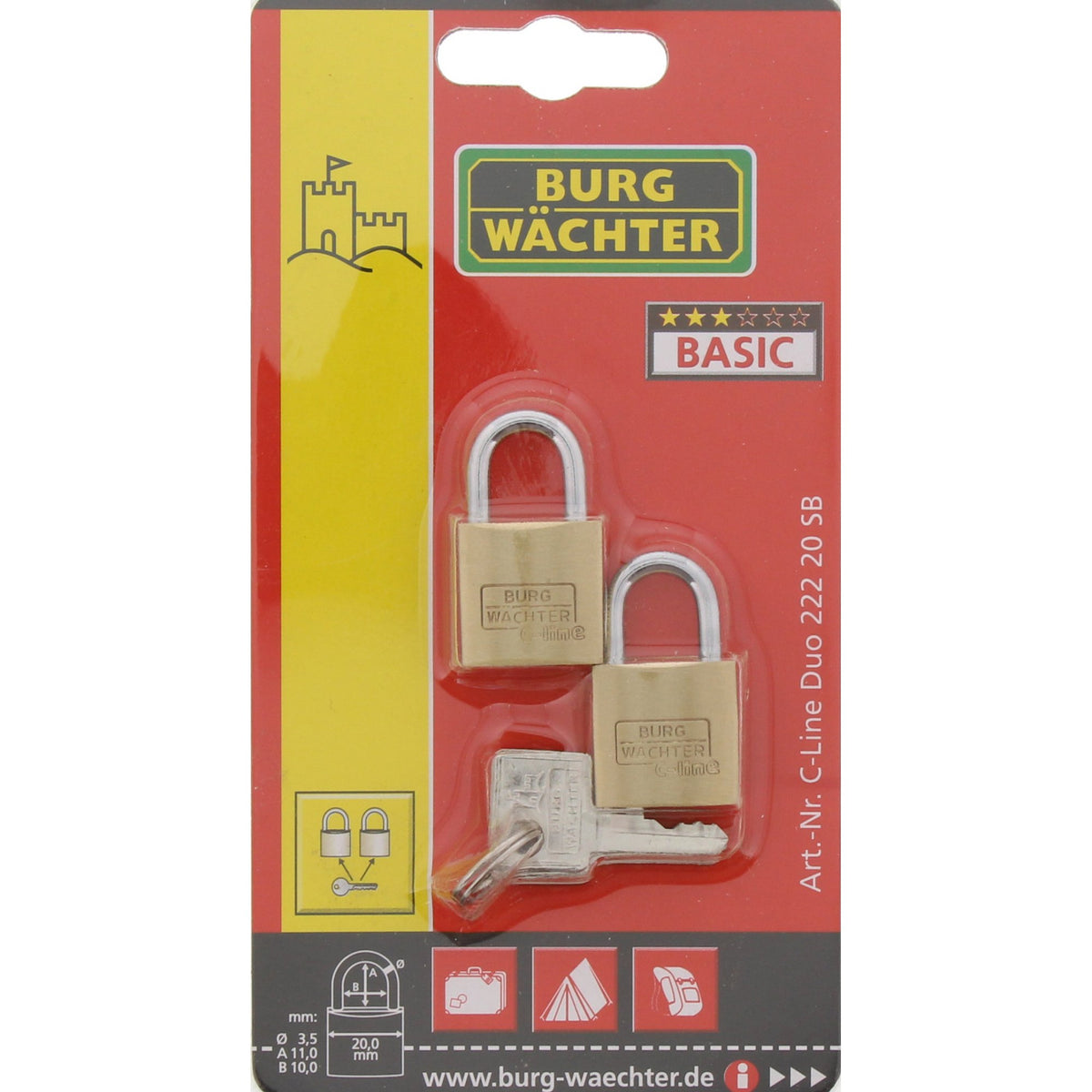 Burg Wächter Duo 222 20 GL SB Vorhangschloss-Set, Bügelstärke: 3,5 mm/Höhe : 35 mm, Messing