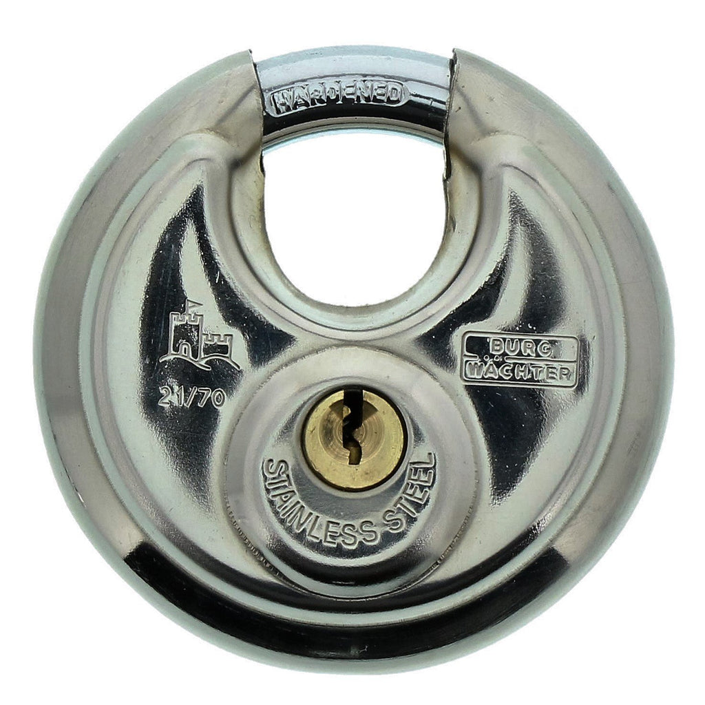 Burg-Wächter Rundbügelschloss, Vorhängeschloss mit Schlüssel, 10 mm Bügelstärke, Edelstahlkorpus, Messingschloss, Kneifschutz, Circle 21 70 SB