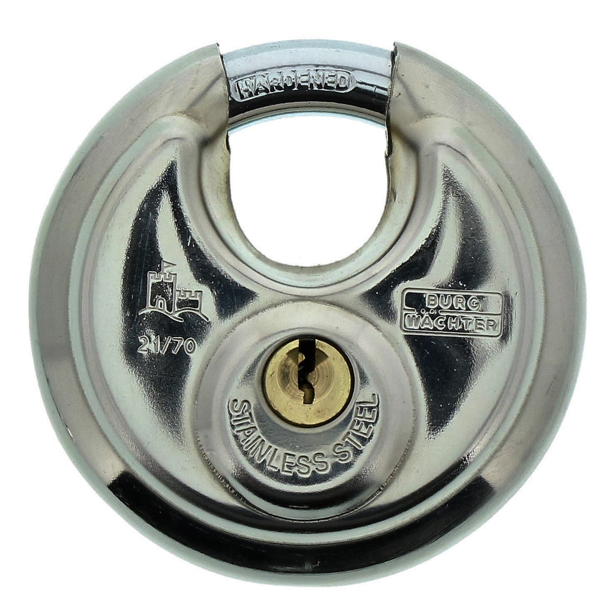 Burg-Wächter Rundbügelschloss, Vorhängeschloss mit Schlüssel, 10 mm Bügelstärke, Edelstahlkorpus, Messingschloss, Kneifschutz, Circle 21 70 SB