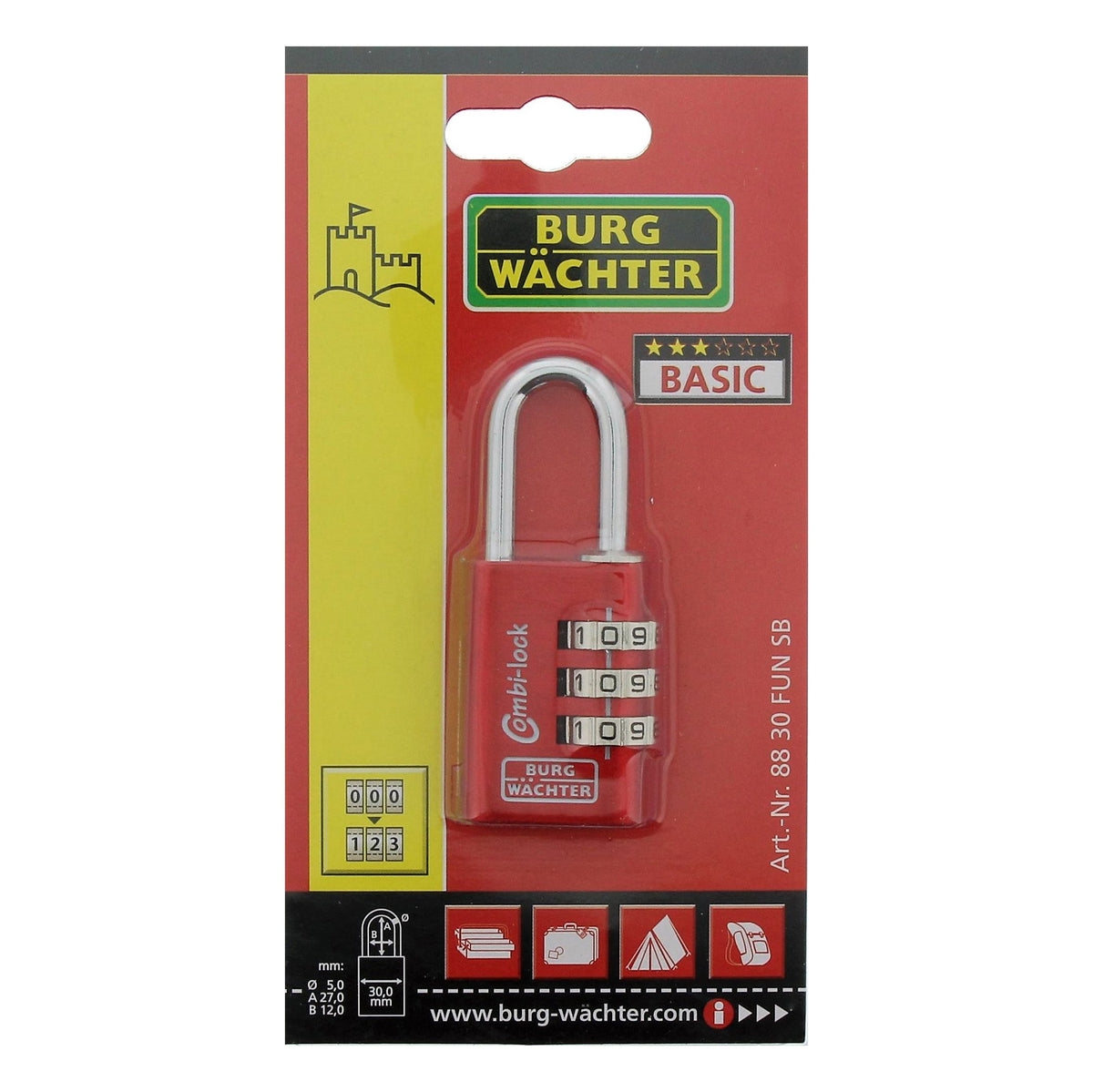 BURG WÄCHTER Verstellbares Zahlenschloss, 5 mm Bügelstärke, 3 Zahlenrollen, Combi Lock 88 30 Fun SB