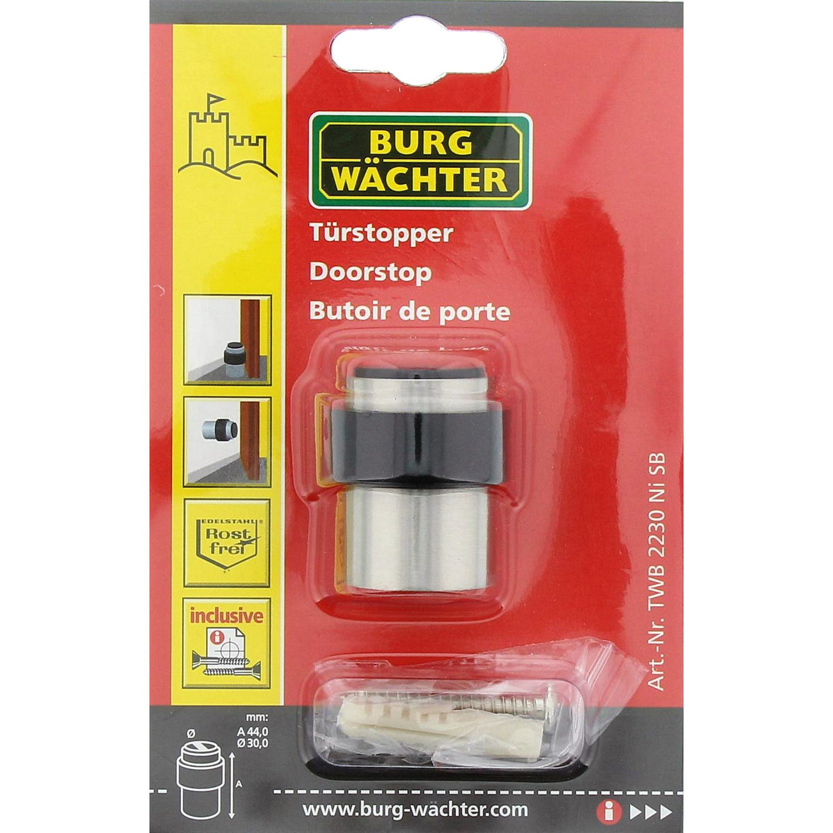 Burg-Wächter Wand- und Boden-Türstopper, Inkl. Befestigungsmaterial, TWB 2230 Ni SB, Edelstahl-Optik