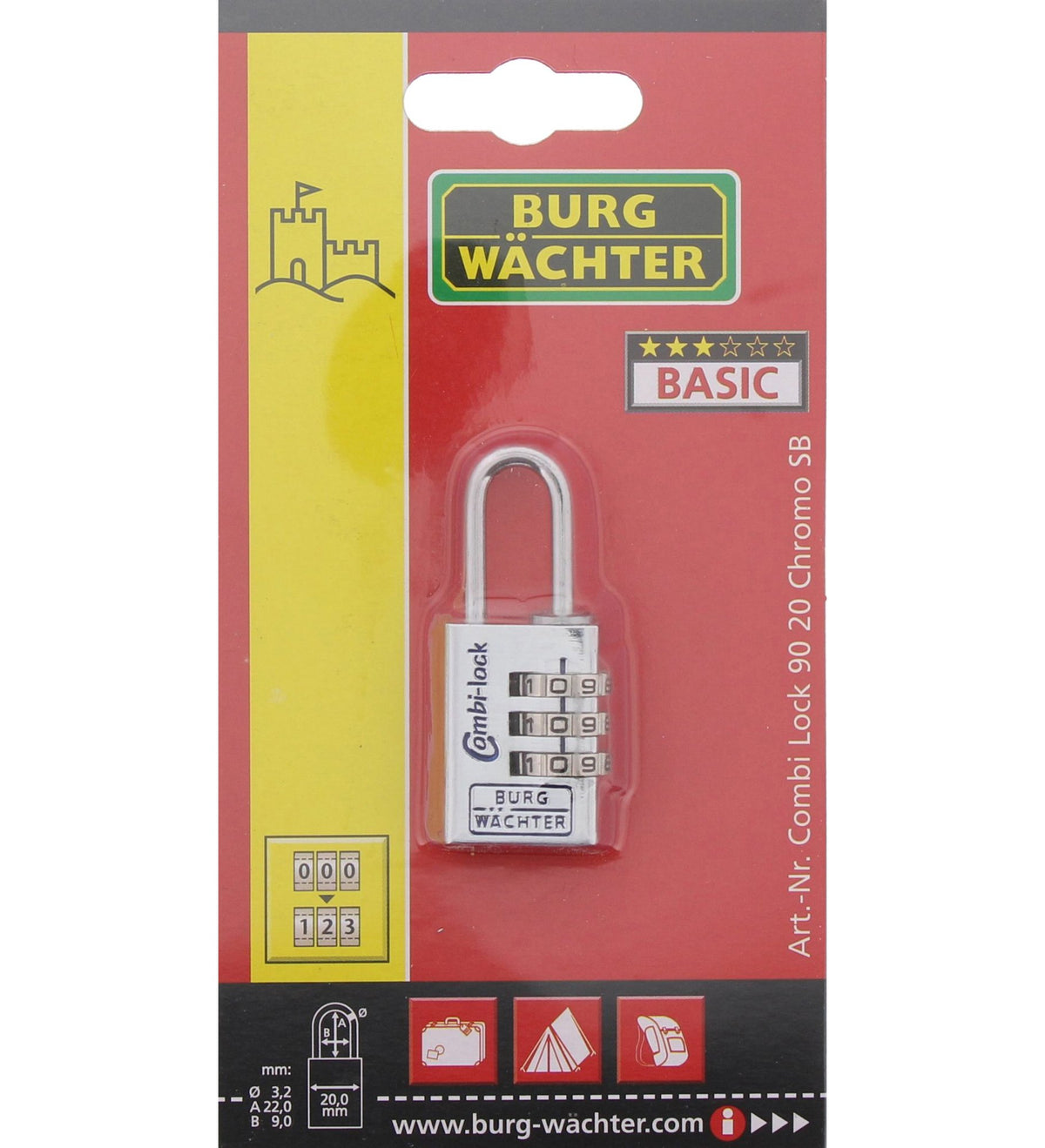 Burg Wächter Verstellbares Zahlenschloss, Combi Lock 90 20 Chromo SB, Bügelstärke: 3,2 mm, Combi 90 20 CHROMO SB, Silber