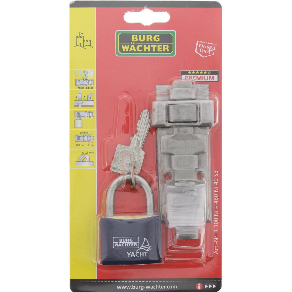 Burg-Wächter Schloss und Riegel Set, Vorhangschloss wetterbeständig, Panzer Riegel Edelstahl, Für flächenbündige Türen, R 100 Ni, 460 Ni 40 SB
