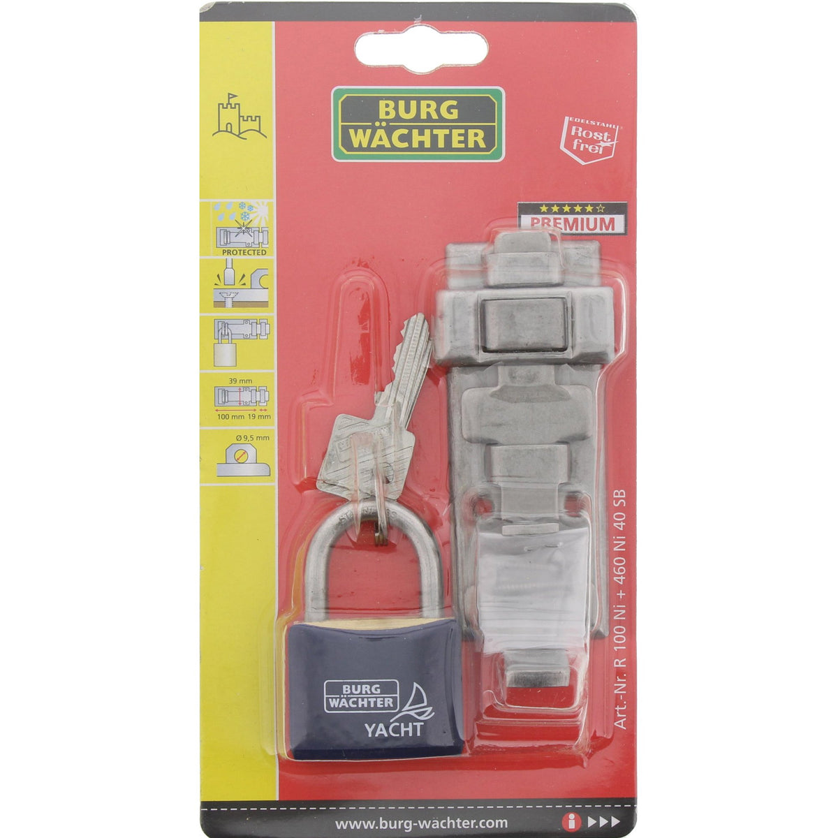 Burg-Wächter Schloss und Riegel Set, Vorhangschloss wetterbeständig, Panzer Riegel Edelstahl, Für flächenbündige Türen, R 100 Ni, 460 Ni 40 SB