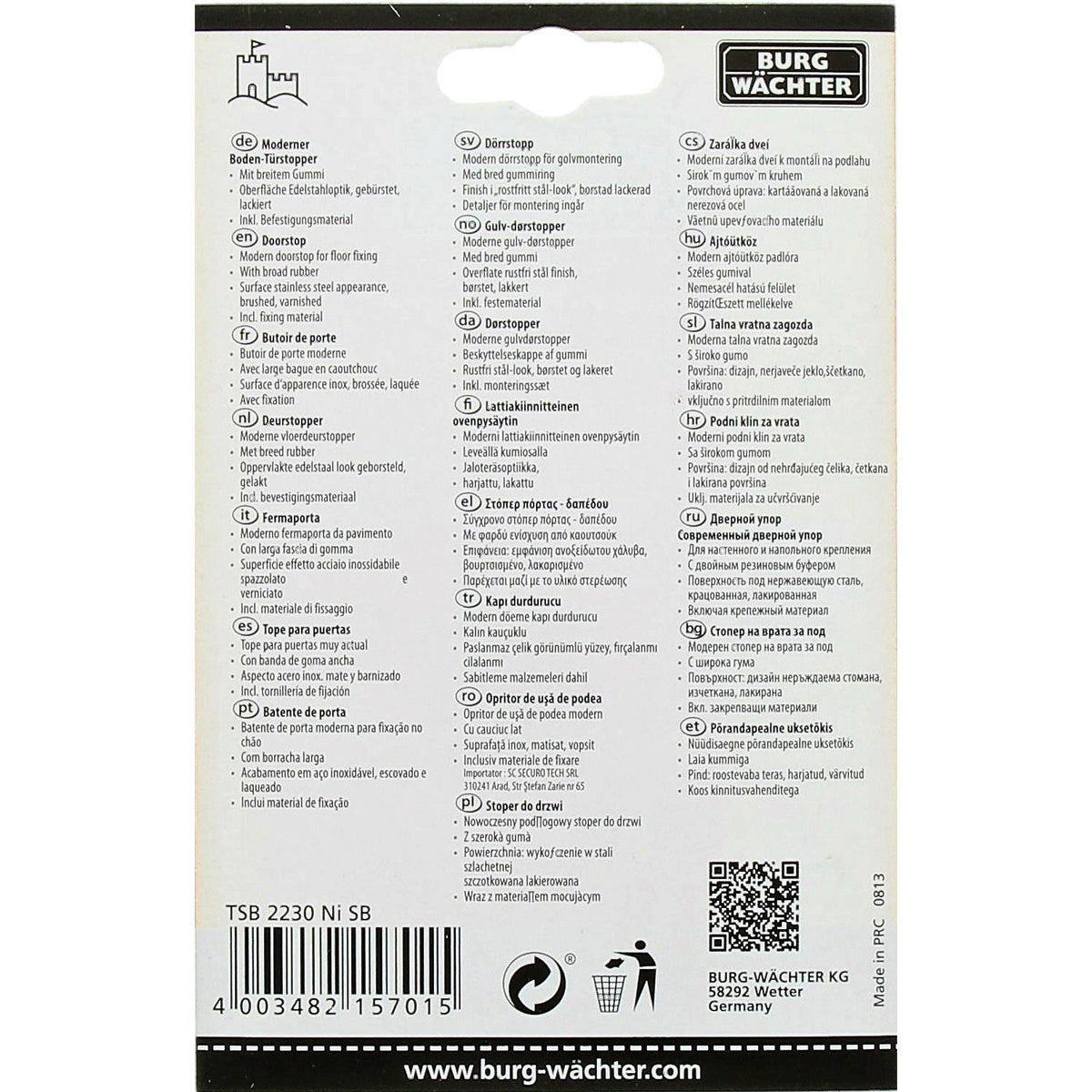Burg Wächter Boden-Türstopper, Inkl. Befestigungsmaterial, TSB 2230 Ni SB, Edelstahl-Optik, Grau