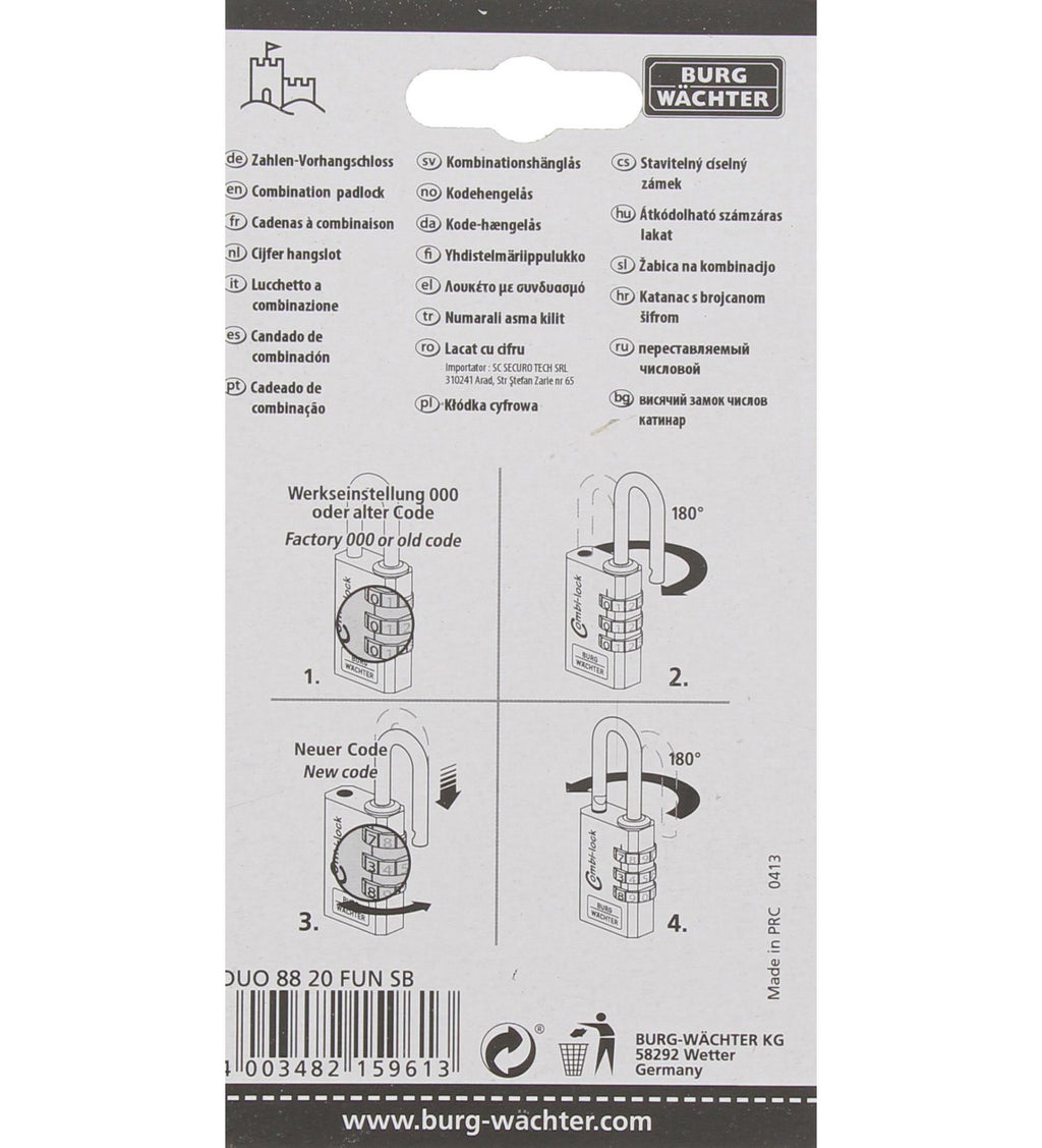 Burg Wächter Verstellbares Zahlenschloss-Set, Combi Lock Duo 88 20 Fun SB, Bügelstärke: 3,2 mm Sortiert