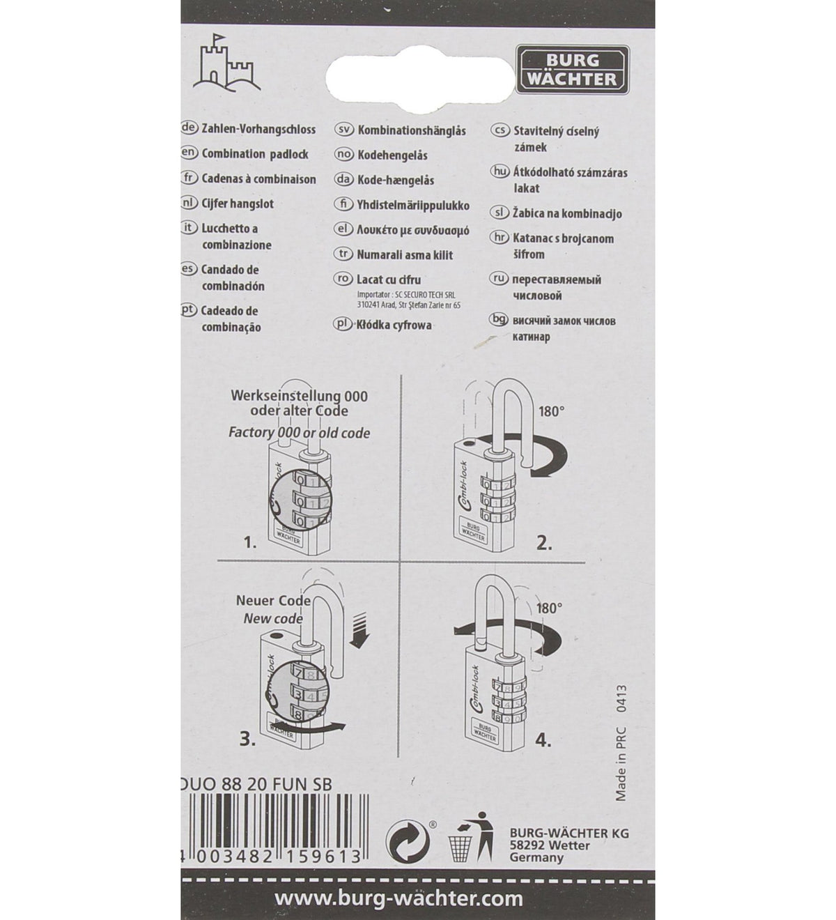 Burg Wächter Verstellbares Zahlenschloss-Set, Combi Lock Duo 88 20 Fun SB, Bügelstärke: 3,2 mm Sortiert