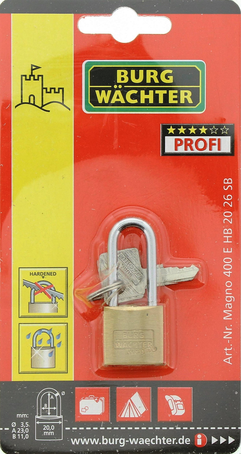 Burg-Wächter Vorhängeschloss, 400 E HB 20 26 SB, Inkl. 2 Schlüssel, Bügelstärke: 3,5 mm