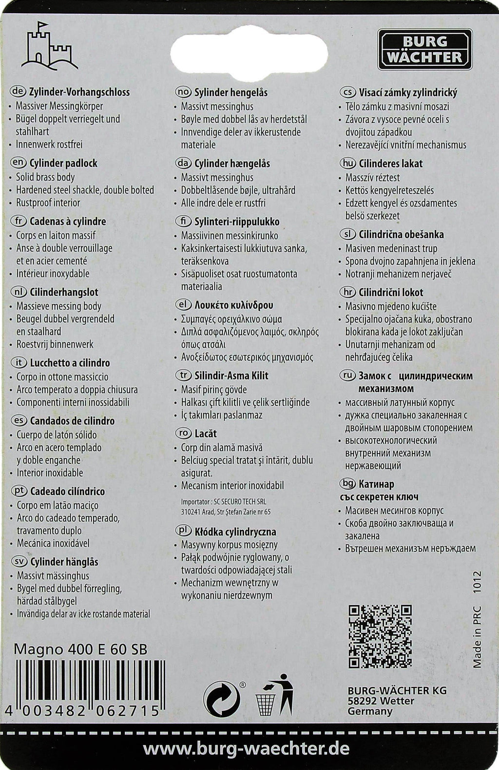BURG WÄCHTER Vorhangschloss Magno 400 E, 1 Stück