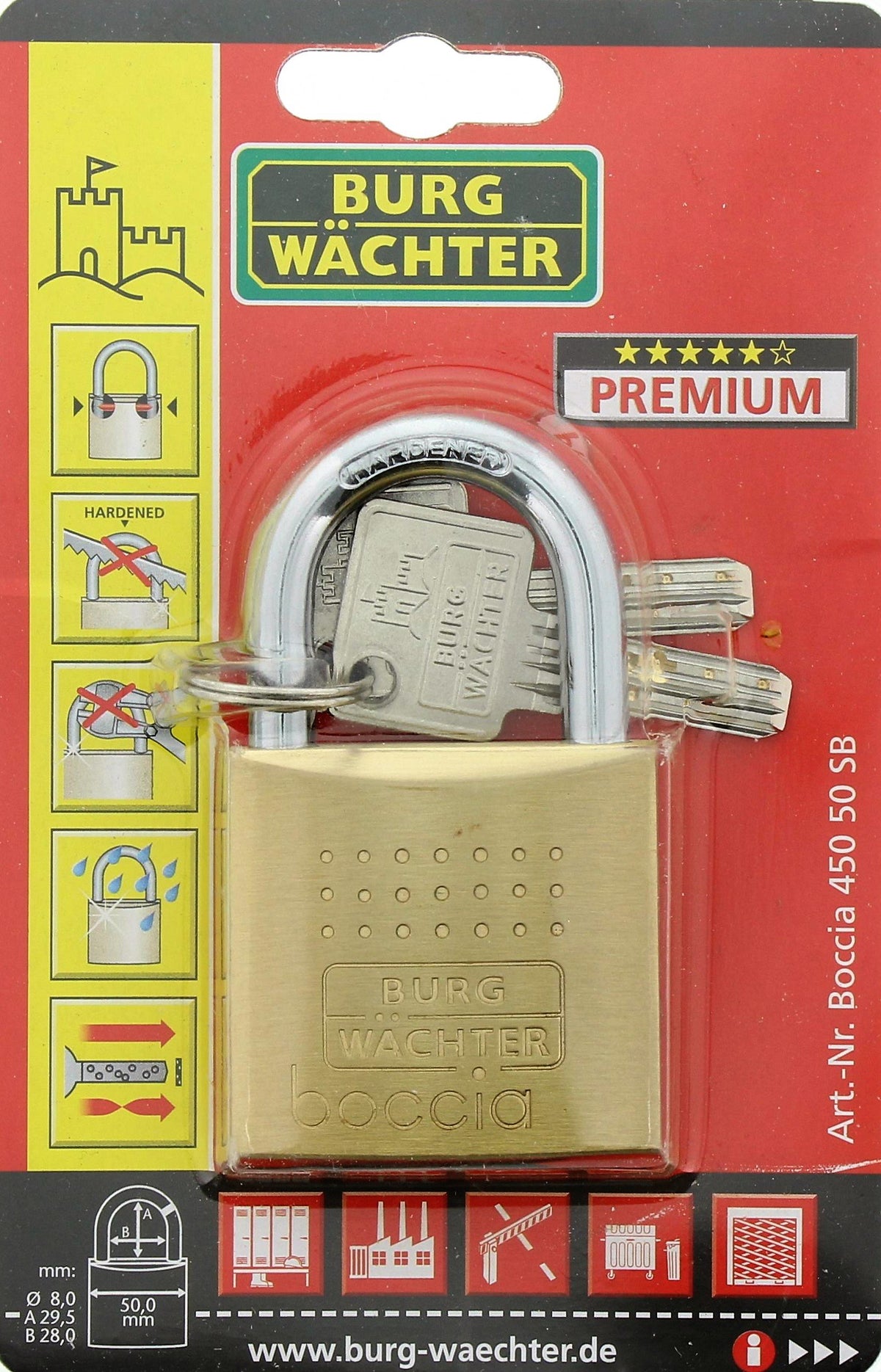 Burg-Wächter Vorhängeschloss, 6,5 mm Bügelstärke, Bohr-und Kneifschutz, 2 Schlüssel, Boccia 450 40 SB