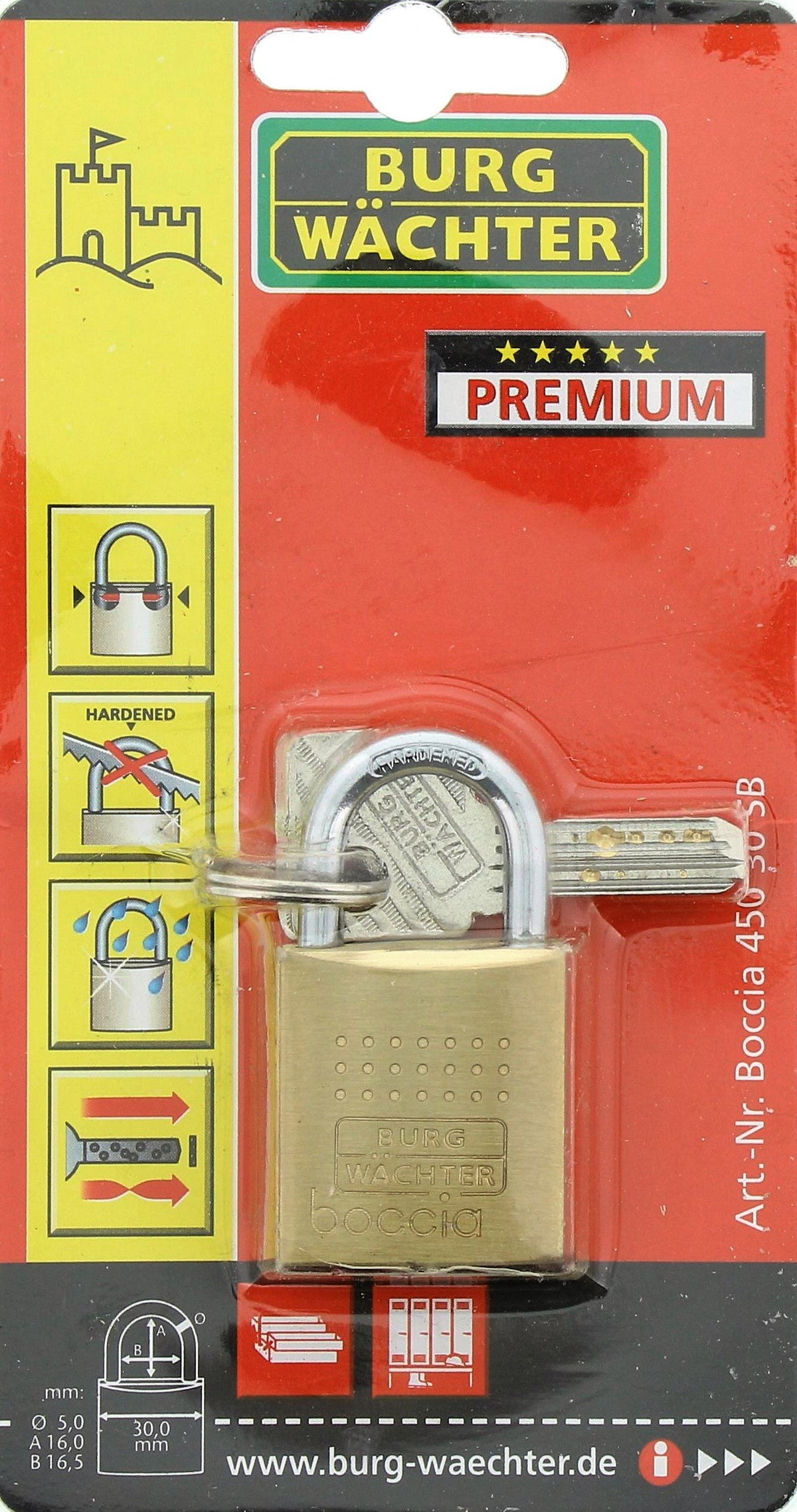 Burg-Wächter Vorhängeschloss, 6,5 mm Bügelstärke, Bohr-und Kneifschutz, 2 Schlüssel, Boccia 450 40 SB