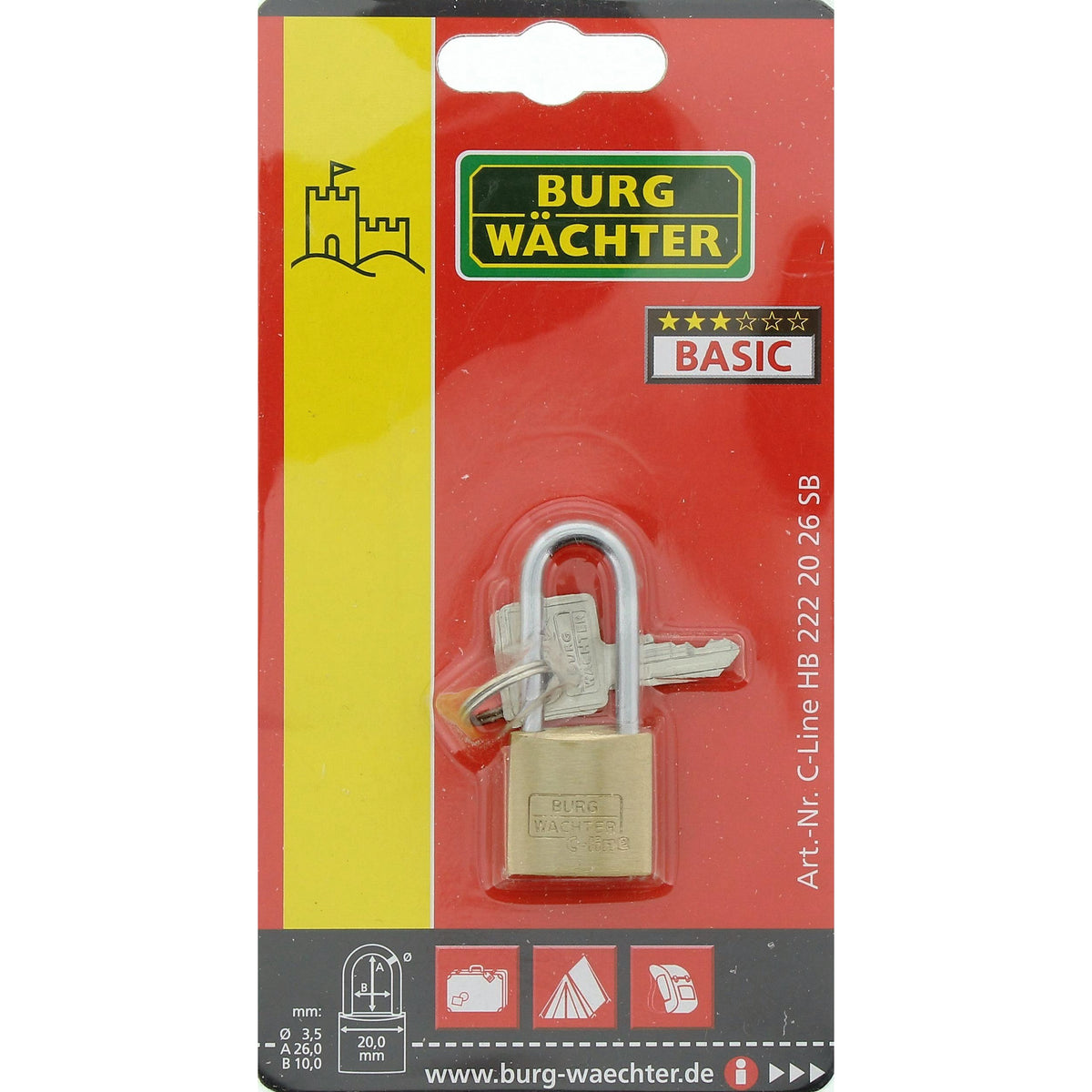 Burg-Wächter Vorhängeschloss, 3,5 mm Bügelstärke, Hoher Bügel, 2 Schlüssel, C-Line 222 HB 20 26 SB