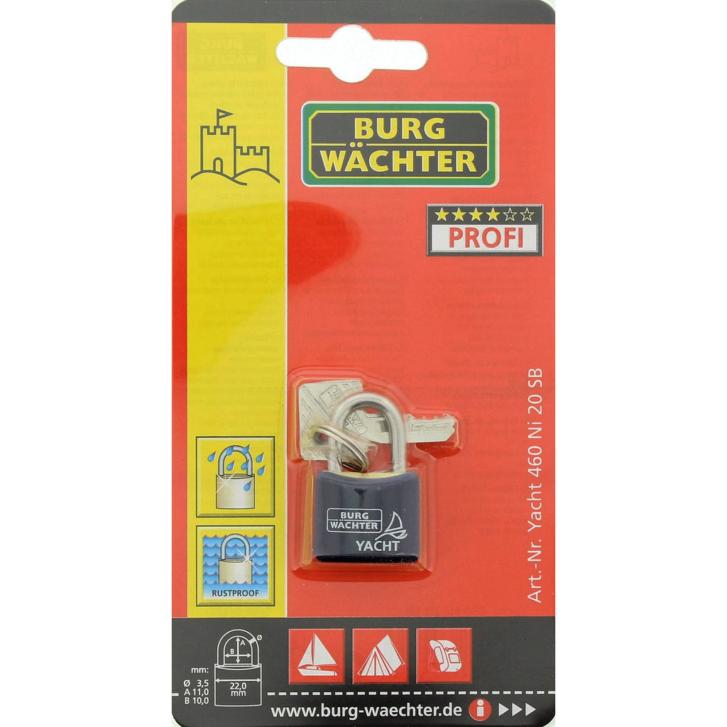 Burg-Wächter Vorhängeschloss Messing, Kunststoffmantel, 3, 5 mm Bügelstärke, Wetterfest, 2 Schlüssel, Yacht 460 NI 20 SB, 22mm