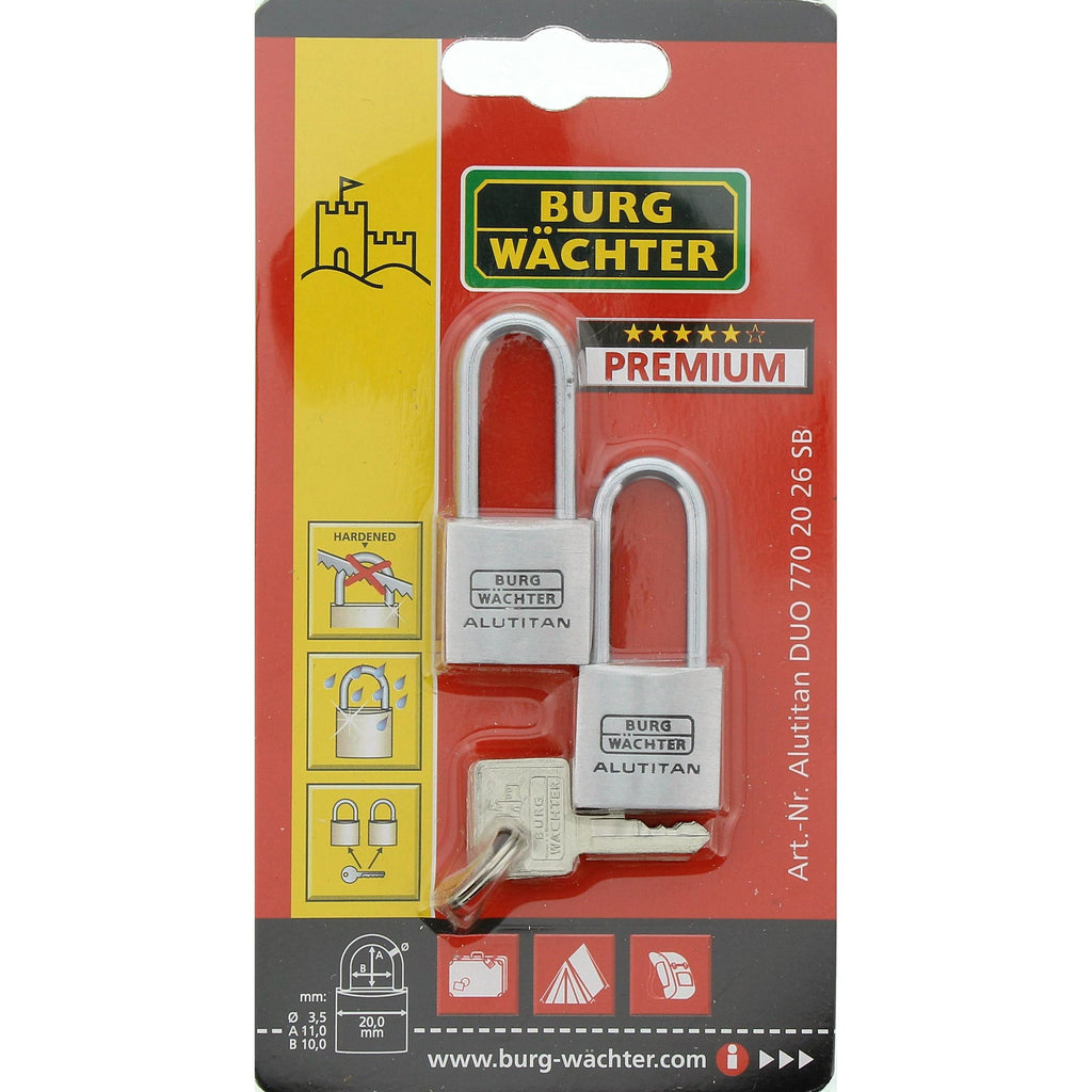 Burg-Wächter Vorhangschloss, Vorhängeschloss mit Schlüssel, Duo Set, 3,7 mm Bügelstärke, massives Aluminiumschloss, Innenwerk rostfrei, Gehärtet, Alutitan Duo 770 HB 20 26 SB