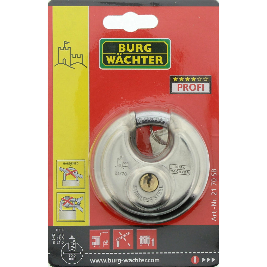Burg-Wächter Rundbügelschloss, Vorhängeschloss mit Schlüssel, 10 mm Bügelstärke, Edelstahlkorpus, Messingschloss, Kneifschutz, Circle 21 70 SB