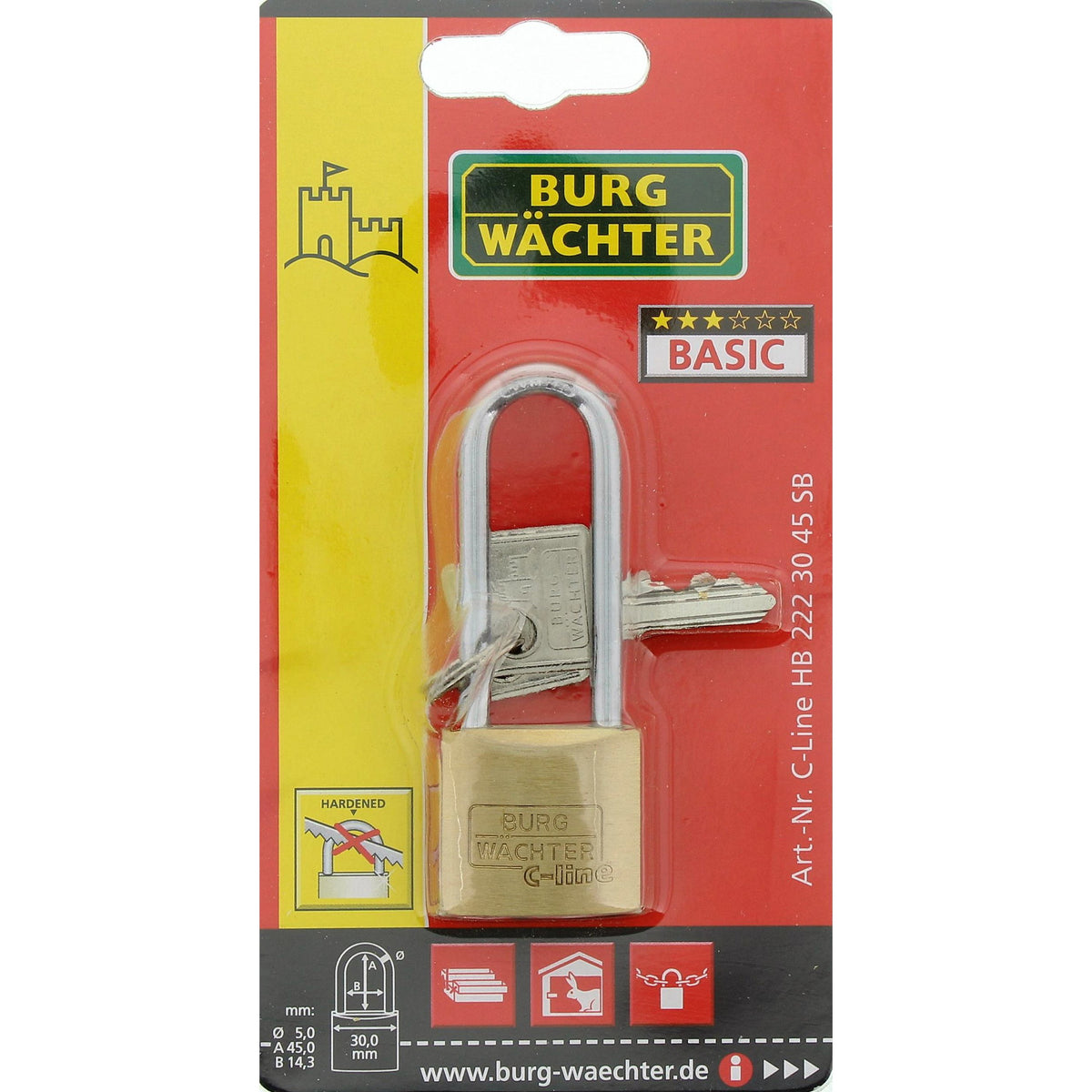 Burg-Wächter C-Line 222 HB 30 45SB Vorhängeschloss, Messing, 5 mm Bügelstärke
