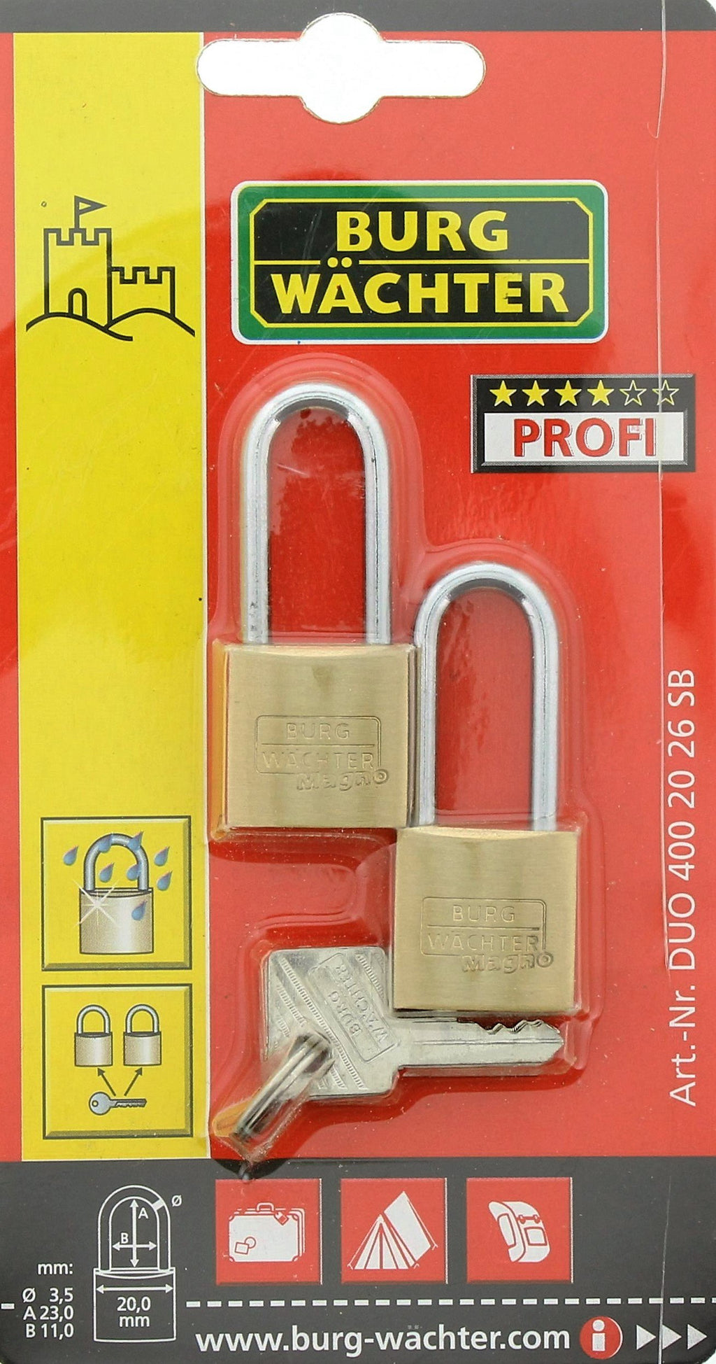 Burg-Wächter Vorhängeschloss-Set, 2er-Set, DUO 400 20 26 SB, Inkl. 2 Schlüssel, Bügelstärke: 3,5 mm